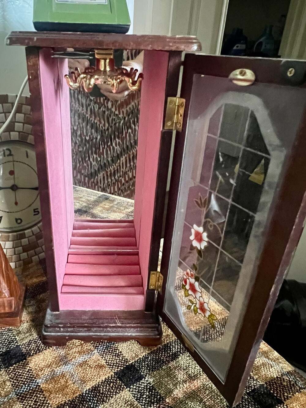 Vintage Tall Wooden Jewelry Armoire Cabinet with Floral Etched Glass Door and Ri